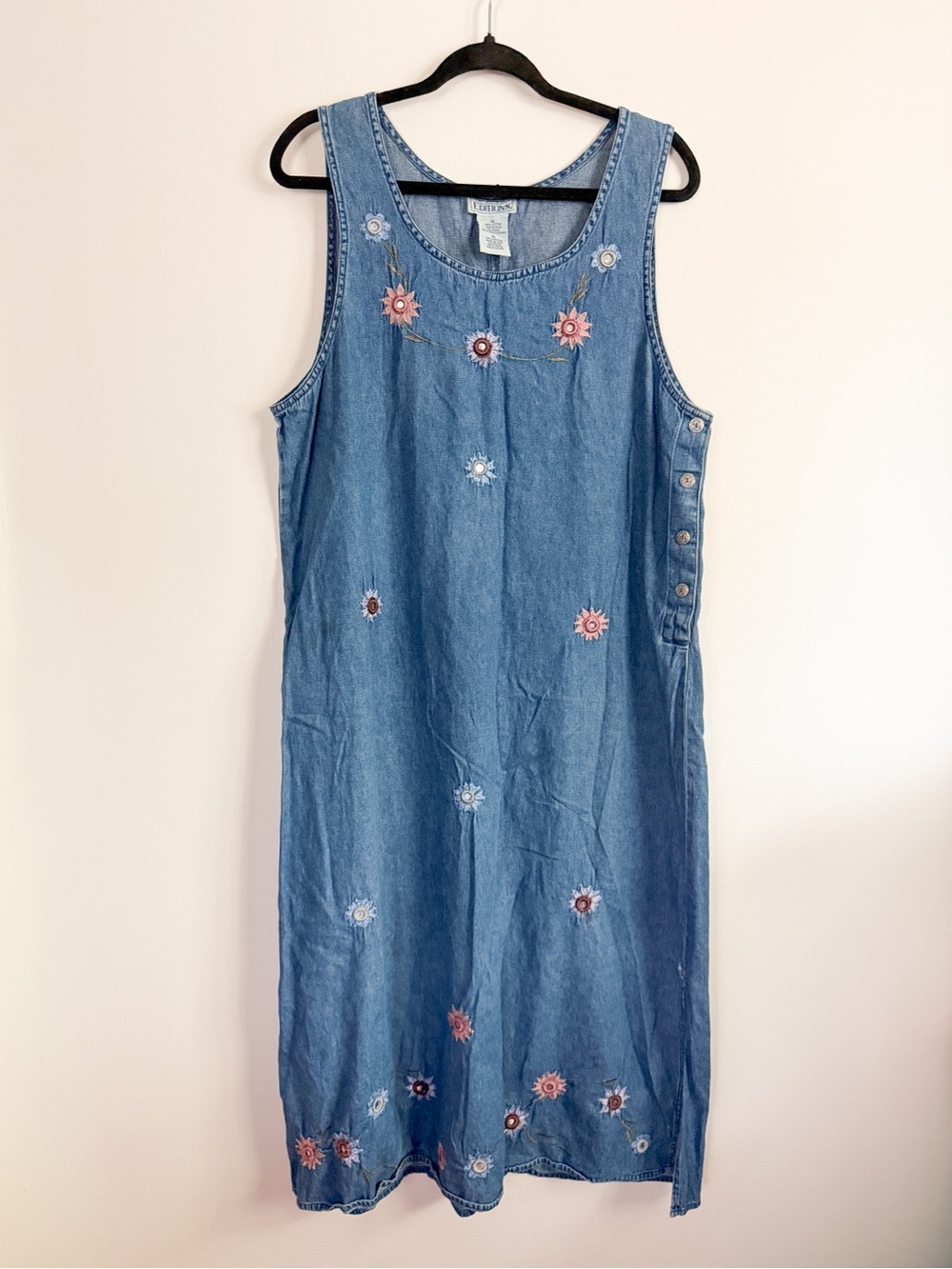 Vintage 90’s Denim Embroidered Sleeveless Midi Dress - Blue